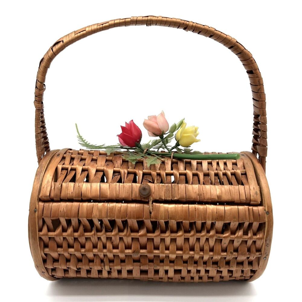 Vintage Wicker Basket Handbag Floral Accent Purse Cottagecore Garden Party 1950s